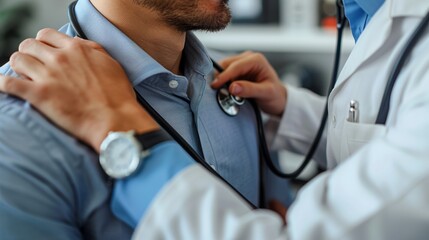A healthcare professional examines a patient using a stethoscope in a modern clinic setting during a routine health check-up