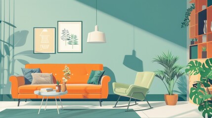 Modern living room with colorful furniture, green plants, and wall art in natural light, creating a cozy and stylish interior design.