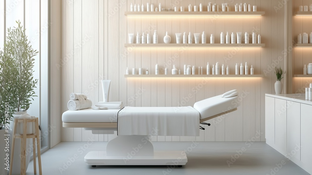 Wall mural A serene spa treatment room with natural light, a massage table, and neatly arranged products on wooden shelves