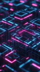 A dark background with colorful, glowing lines forming the outline of rectangular blocks, creating an abstract and futuristic design