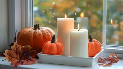 Autumn window still life with orange pumpkins, lit candles, and fall leaves on a rainy day.