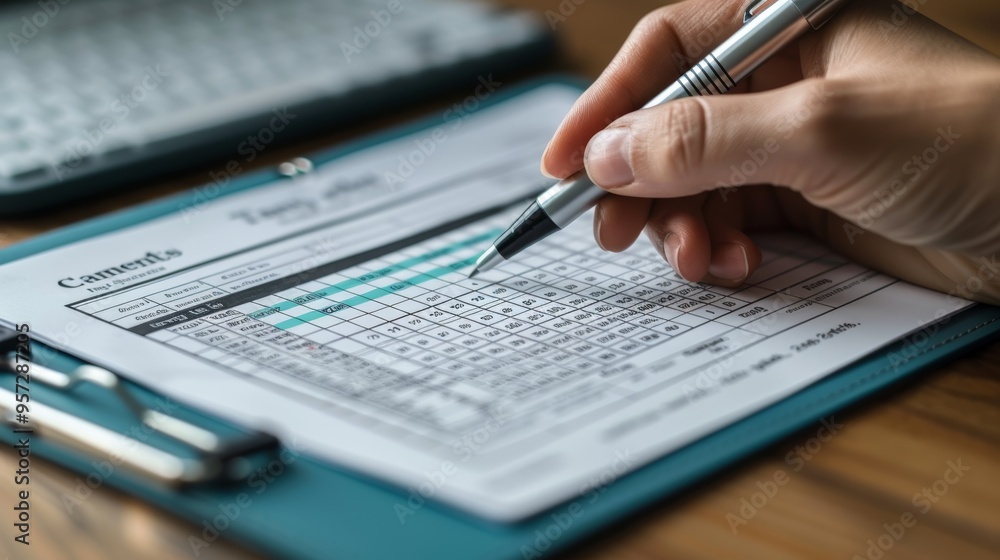 Poster detailed recording of data on a clipboard while planning future tasks in a bright workspace