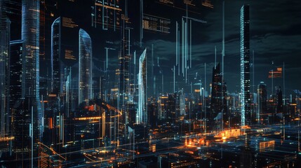 Futuristic cityscape with holographic charts displaying economic policy metrics, concept of modern urban economic planning
