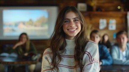 Fototapeta premium A woman with long brown hair wearing a white sweater with red stripes smiles at the camera. There are other students in the room and a projector screen in the background.