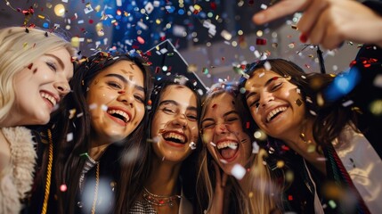 Group of Happy Friends Celebrating with Confetti at a Party, Smiling and Enjoying Festive Moments Together