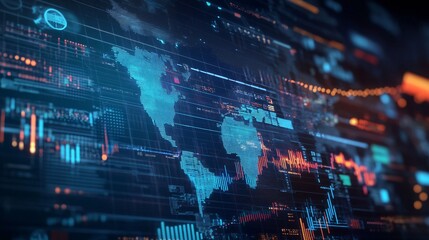 Obraz premium Visual of a digital interface showing economic policy scenarios with outcomes projected on a global scale, concept of predictive economic planning