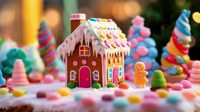 Festive gingerbread house with colorful candies and icing is displayed on a table among christmas decorations, adding cheer to winter festivities