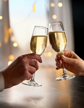 Primer plano de dos personas realizando un brindis con dos copas de champ&aacute;n/champagne; brindis, celebraci&oacute;n