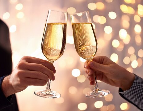 Primer plano de dos personas realizando un brindis con dos copas de champ&aacute;n/champagne; brindis, celebraci&oacute;n
