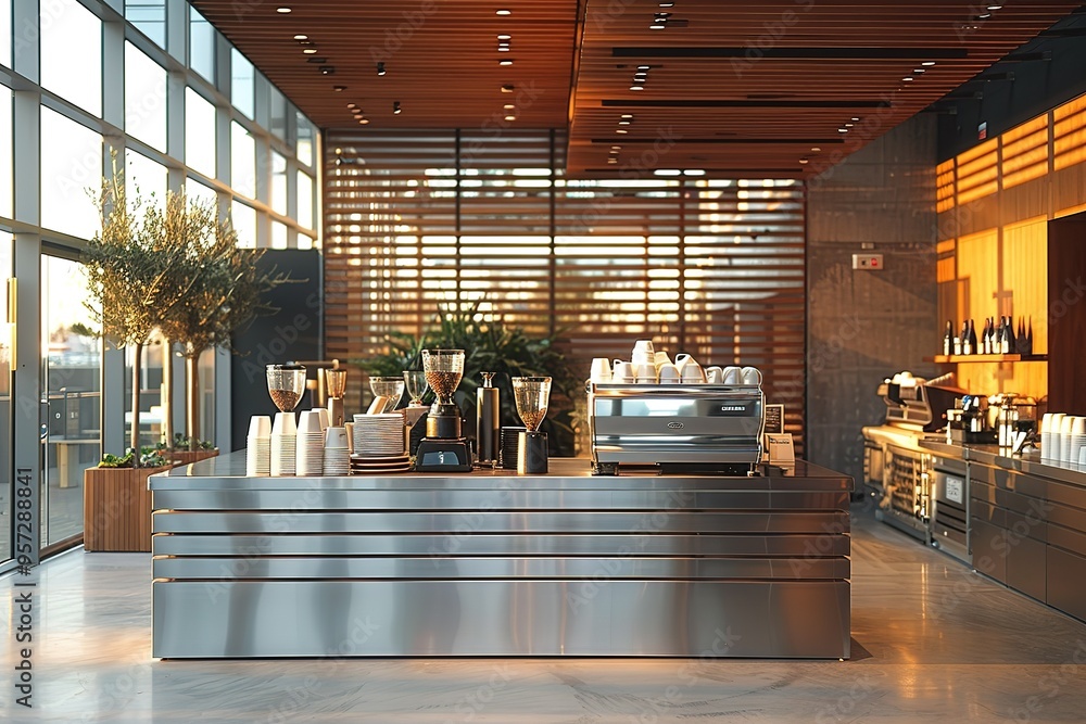 Poster a modern restaurant with a large window and a counter with a coffee machine