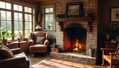 Inviting living room featuring a comfortable seating area, a roaring fireplace, large windows overlooking greenery, and a richly decorated carpet on the floor.