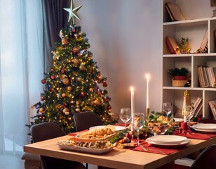 Obraz premium Un árbol de Navidad en la esquina del comedor, con una mesa llena de comida para la cena de Nochebuena; celebraciones