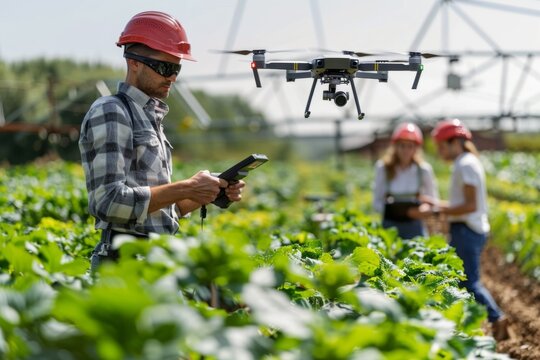 Farmers using drone with camera for inspection in field