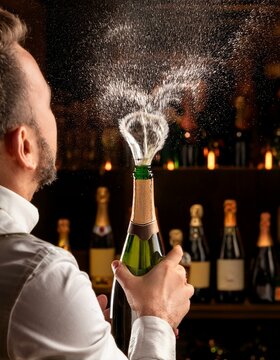 Primer plano de una botella de champ&aacute;n/champagne con el tap&oacute;n saliendo disparado; fiestas, celebraciones