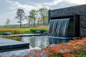 Fototapeta premium A large water fountain with a stone wall behind it