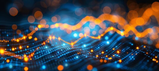 Abstract Blue and Orange Wavy Lines and Dots Background, Technology, Science, Big Data Visualization