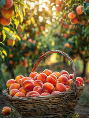 Basket of ripe peaches in a lush orchard at sunset.