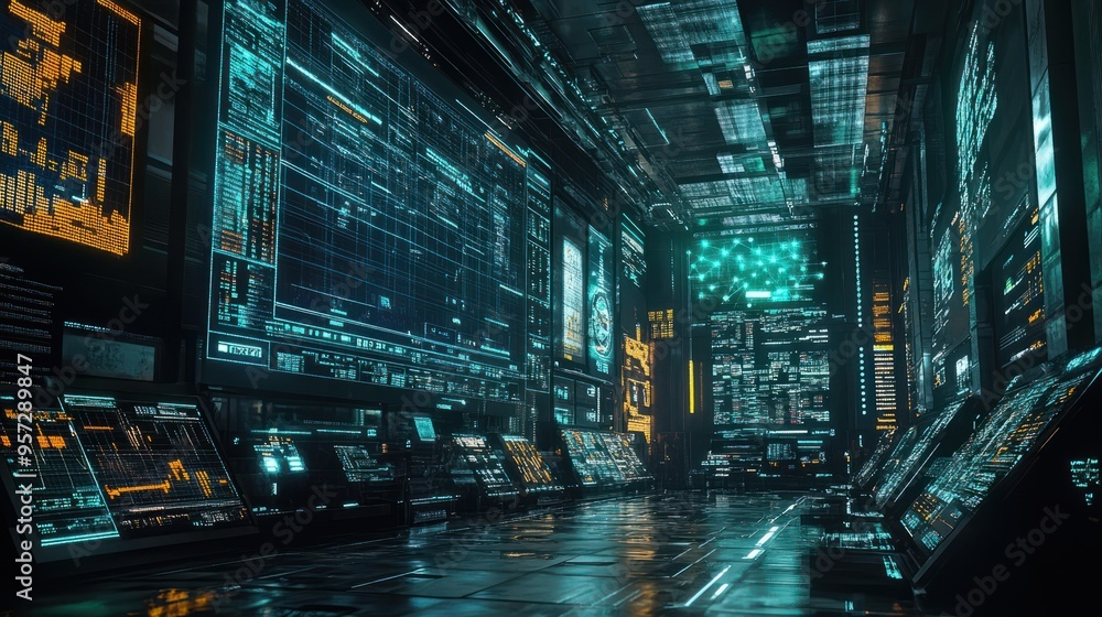 Poster a futuristic stock market scene with advanced ai trading algorithms at work