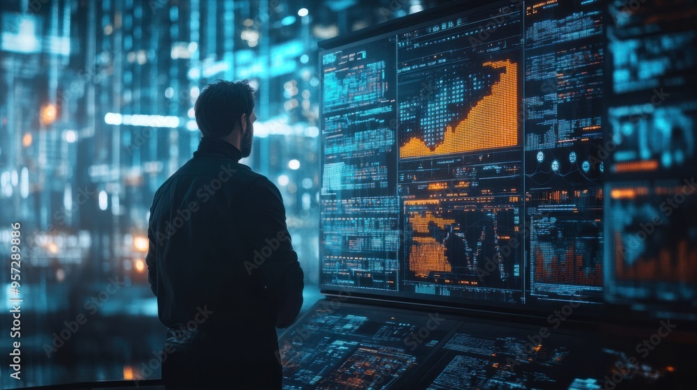 Poster a futuristic stock market scene with advanced ai trading algorithms at work