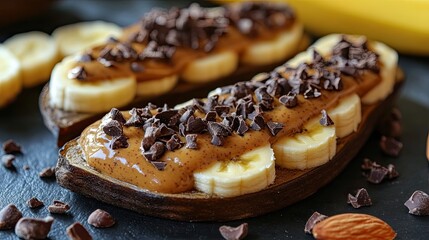 Banana slices topped with almond butter and cacao nibs, vegan snack, sweet and rich in antioxidants.
