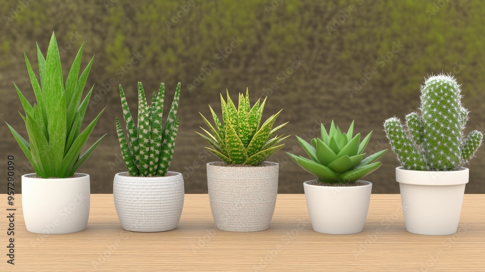 Poster tranquil 3d rendering of succulents and cacti in modern pots by a sunlit window in a serene indoor s