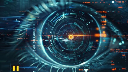 Futuristic digital eye concept with high-tech interface overlay, representing advanced technology and innovation in visual computing.