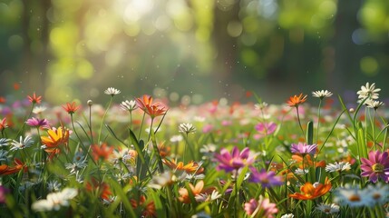 Fototapeta premium A beautiful meadow filled with colorful wildflowers under the warm sunlight, creating a serene and vibrant springtime scene.
