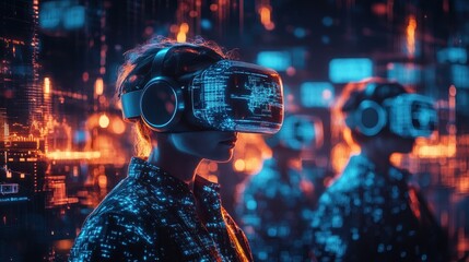 A futuristic stock market with digital holograms and traders using VR headsets