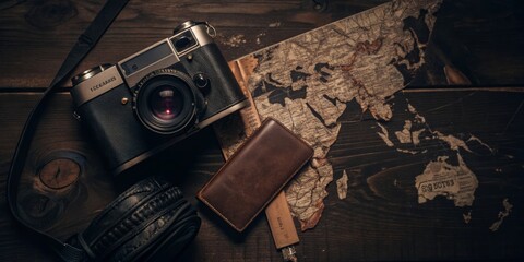 Vintage camera, world map, passport holder, and headphones on rustic wooden table: a travel and photography concept