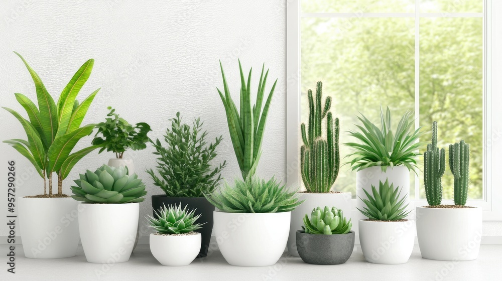 Poster tranquil 3d rendering of succulents and cacti in modern pots by a sunlit window in a serene indoor s
