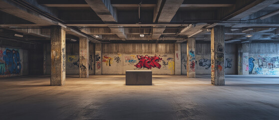 3D podium in a gritty urban alleyway covered in vibrant graffiti murals