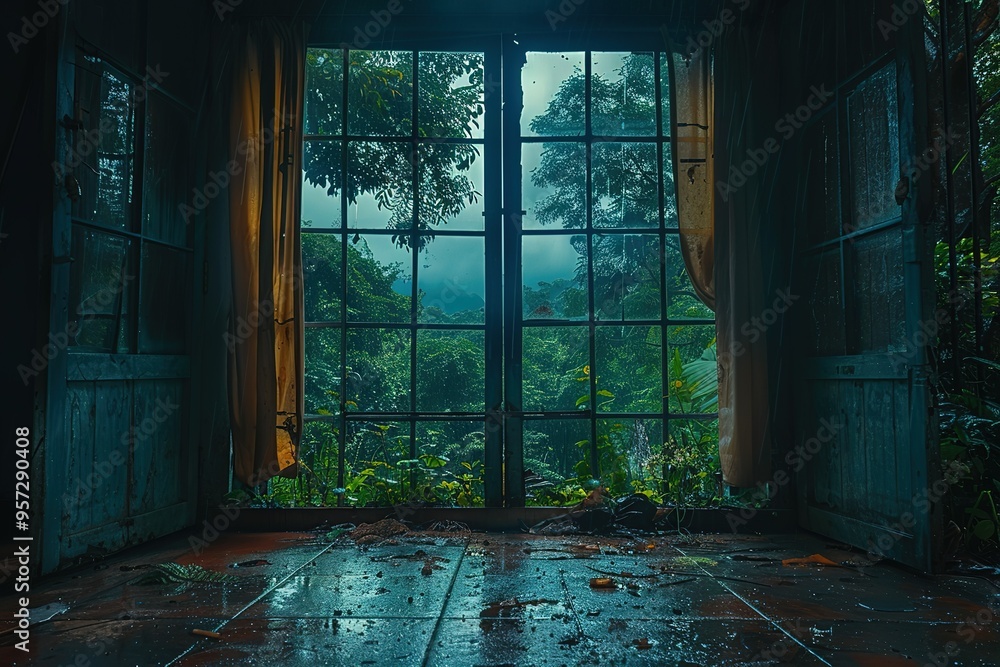 Aufkleber a window in a room with a view of trees and a rainstorm