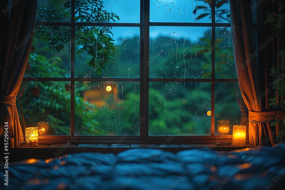 Poster a window with raindrops on it and a view of trees