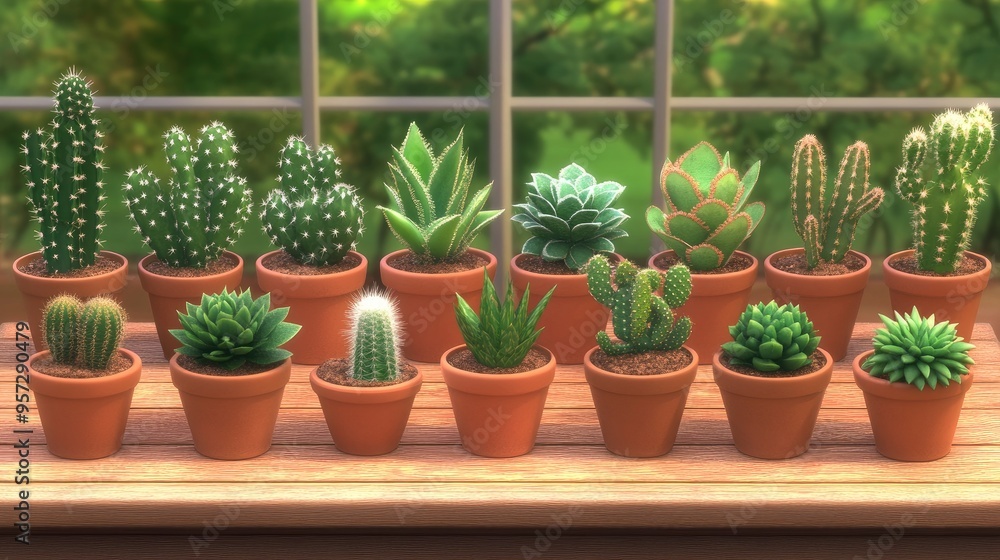 Poster tranquil 3d rendering of succulents and cacti in modern pots by a sunlit window in a serene indoor s