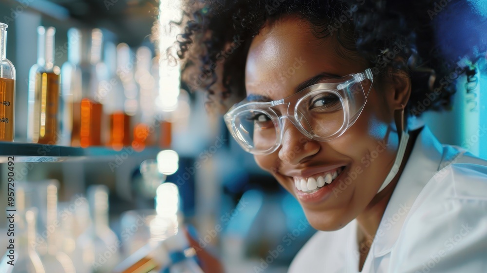 Poster smiling scientist in laboratory with test tubes and beakers conducting experiments in modern researc
