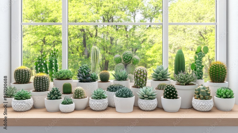 Poster tranquil 3d rendering of succulents and cacti in modern pots by a sunlit window in a serene indoor s