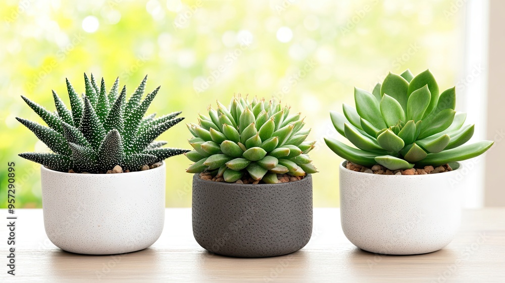 Poster tranquil 3d rendering of succulents and cacti in modern pots by a sunlit window in a serene indoor s