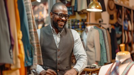 Tailor Smiling in Clothing Store Surrounded by Suits and Fabrics, Professional Fashion Designer at Work