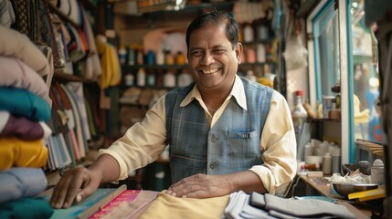 Obraz premium Smiling Tailor in Traditional Shop Surrounded by Colorful Fabrics and Sewing Supplies