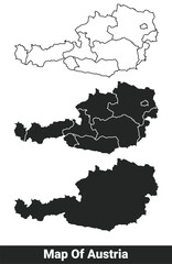 Obraz premium Black map of Austria flat and outline style vector illustration set