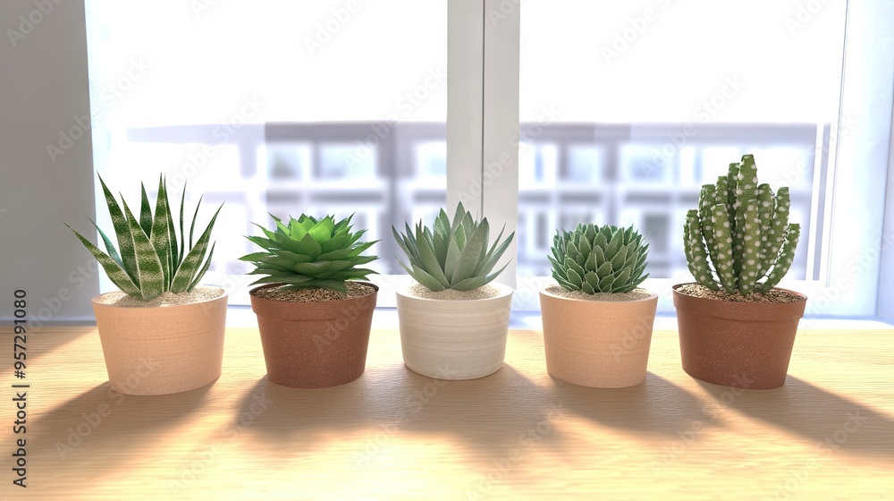 Poster tranquil 3d rendering of succulents and cacti in modern pots by a sunlit window in a serene indoor s