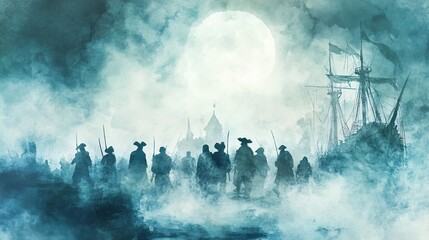 Fototapeta premium Ghostly pirate crew, emerging from the fog, haunted night, Watercolor style