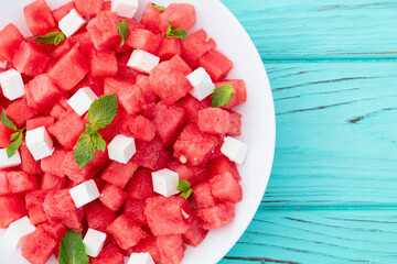 Summer watermelon salad with feta cheese and mint