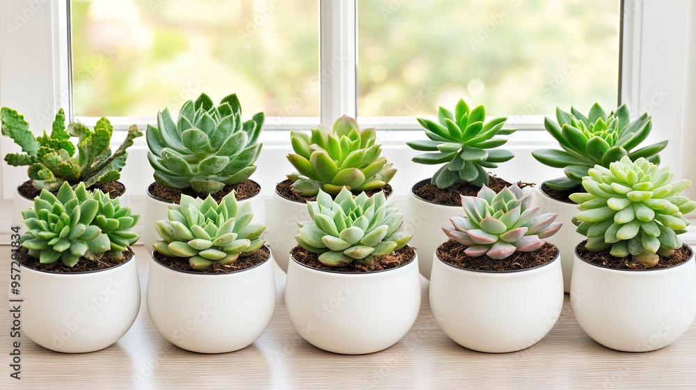 Poster tranquil 3d rendering of succulents and cacti in modern pots by a sunlit window in a serene indoor s