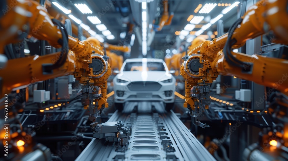 Poster high-tech car manufacturing assembly line with robotic arms working on a car. modern automated autom