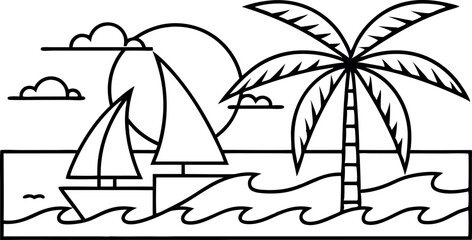 Tropical Beach Scene with Sailboat and Palm Tree at Sunset