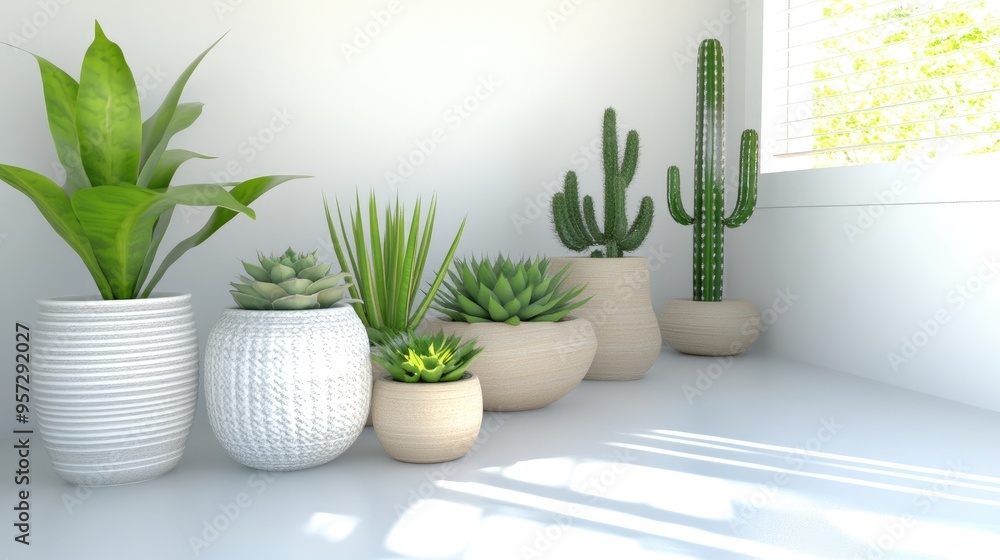 Poster tranquil 3d rendering of succulents and cacti in modern pots by a sunlit window in a serene indoor s
