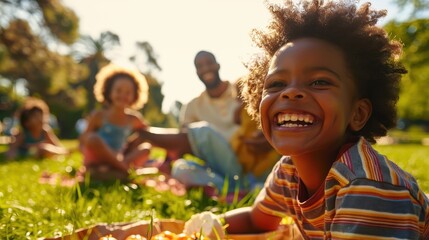 Joyful Family Picnic in the Park on a Sunny Day with Smiling Children and Parents Relaxing on the Grass