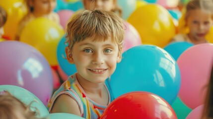 Joyful Child Surrounded by Colorful Balloons at a Fun Party Celebration
