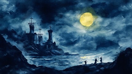 Fototapeta premium Haunted pirate bay, eerie mist and ghostly figures, dark night, Watercolor style